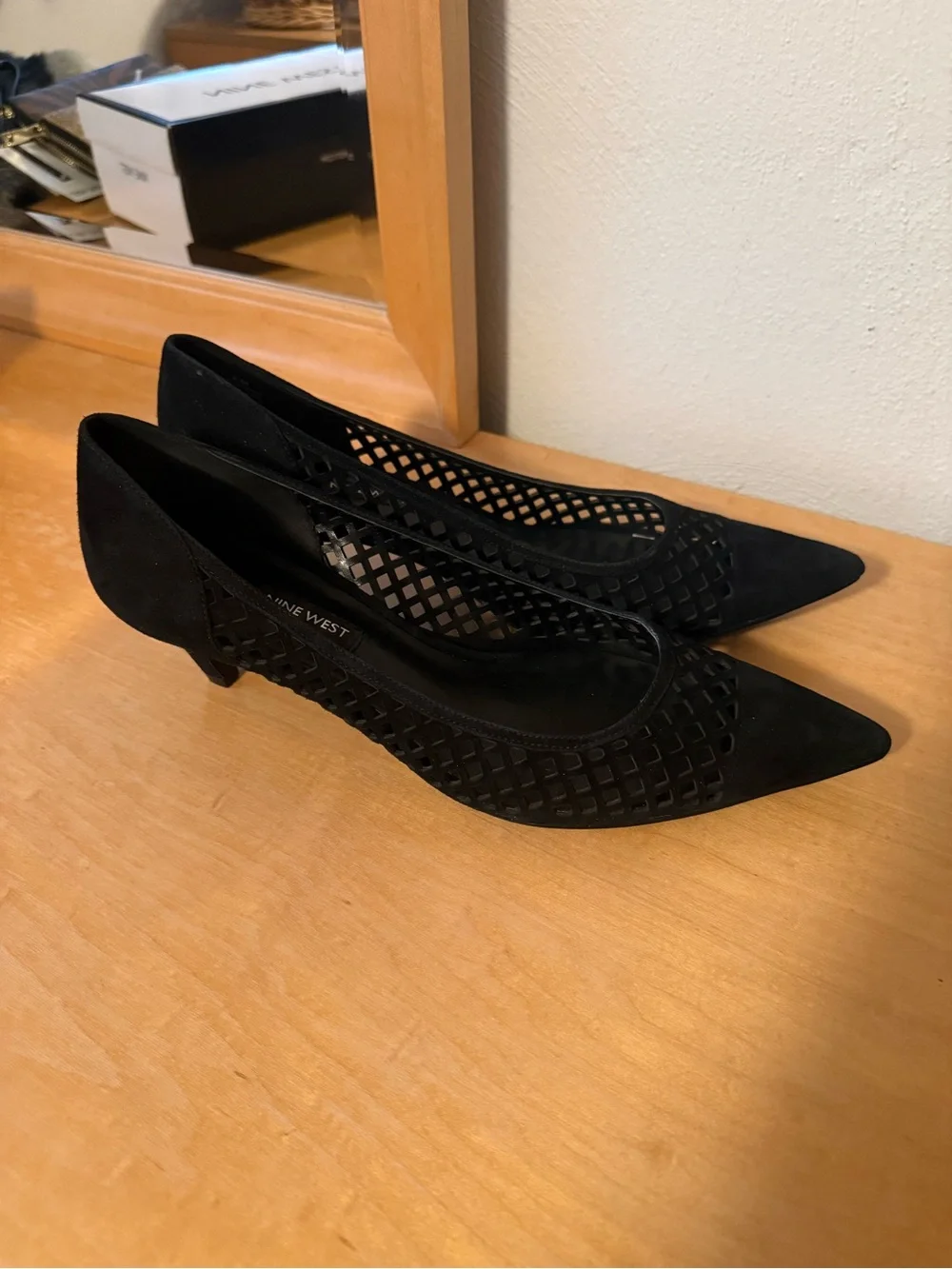 Nine West Black Laser-Cut Suede Mid Kitten Heels
